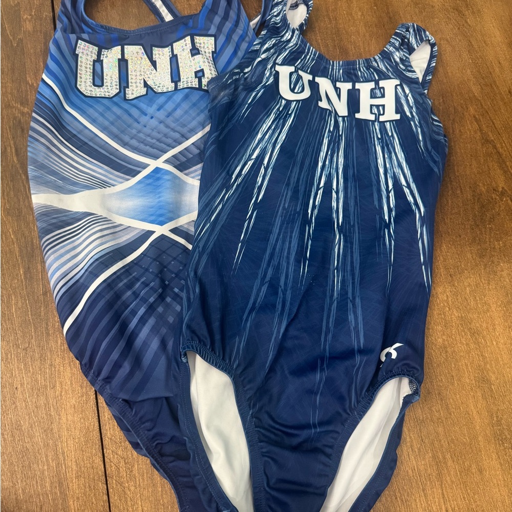 Blue and White UNH Gymnastics Leotards